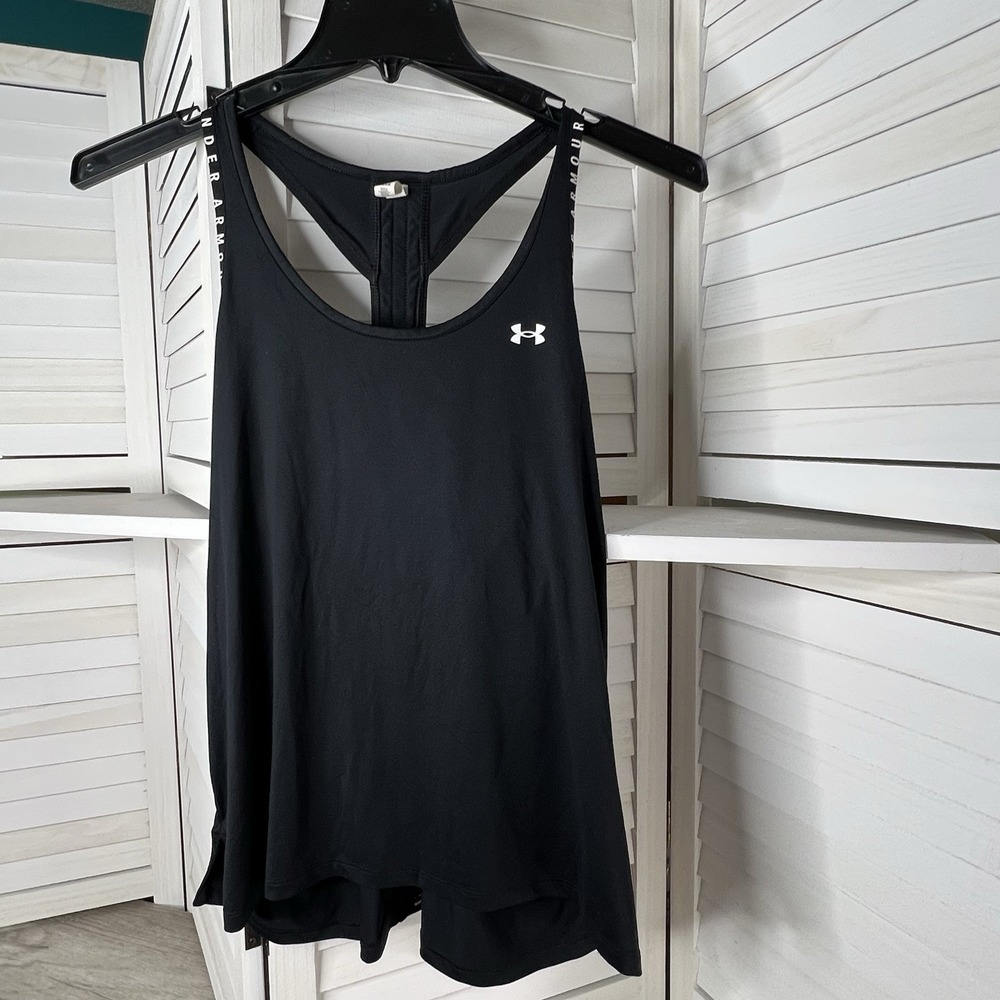 Under Armour HeatGear‎ Tank Top M Black Logo Strappy Back Loose Workout Gym EUC